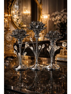 Mis Kitchen 3’lü Dekoratif Lotus Şamdan Seti Kristal Taşlı Mumluk