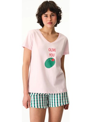 Penti Renkli Olive You Pamuklu Şort Pijama Takımı