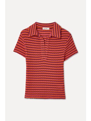 Mudo Kadın Turuncu Fitted Çizgili Polo Yaka T-Shirt
