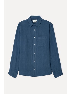 Erkek Indigo Regular Fit Uzun Kollu Keten Gömlek