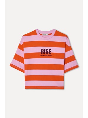Mudo Kadın Pembe Çizgili Loose Fit Bisiklet Yaka T-Shirt