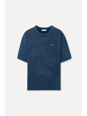 Mudo Erkek Lacivert Nakışlı Oversize Bisiklet Yaka T-Shirt