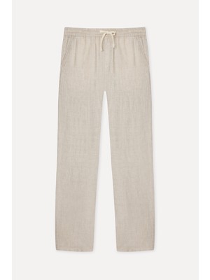 Mudo Erkek Bej Rengi Beli Bağlamalı Straight Fit Keten Pantolon