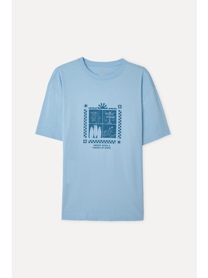 Mudo Erkek Mavi Baskılı Oversize Bisiklet Yaka T-Shirt