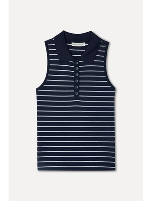 Mudo Kadın Lacivert Çizgili Polo Yaka Kolsuz T-Shirt