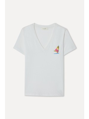 Mudo Kadın Kırık Beyaz Baskılı Bisiklet Yaka T-Shirt