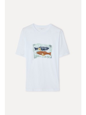 Mudo Erkek Beyaz Baskılı Bisiklet Yaka T-Shirt