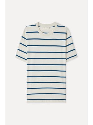 Mudo Erkek Kırık Beyaz Çizgili Comfort Fit Bisiklet Yaka T-Shirt