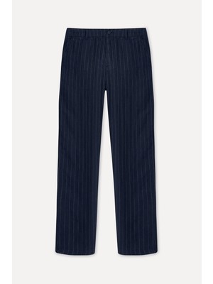 Mudo Erkek Lacivert Çizgili Tapered Fit Keten Pantolon