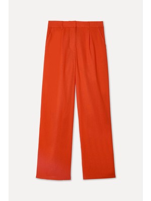 Mudo Kadın Kırmızı Straight Fit Keten Karışımlı Pantolon