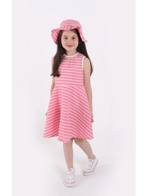 Aden Kids Kız Çocuk Çizgili Yazlık Elbise ve Şapka Takımı - 2'li Set (4-12 Yaş, Pembe, Mavi, Bej, Bordo)