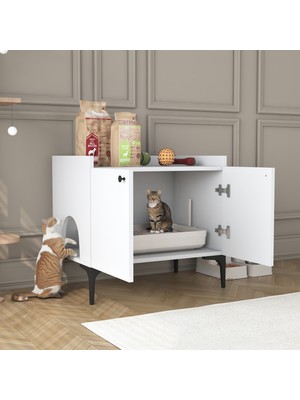 Rani PA101 Kedi Mobilyası Çok Amaçlı Dolap Gizli Kedi Tuvalet Dolabı Kedi Evi Beyaz