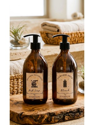 JUNIBELIW 2li Set Vintage Amber Boş Cam Şişe Sabunluk Bulaşık Deterjanlık Çamaşır Suyu 2X500ML
