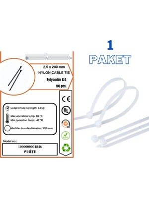 Mikasso Plastik Kablo Bağı Kelepçesi Cırt 2,5 x 200 mm (100 Adet)