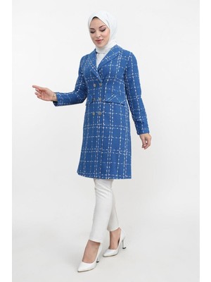 Missvalle Düğmeli Geniş Yaka Kaşe Kaban Indigo M19177