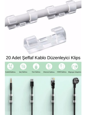 Mikasso 20’li Yapışkanlı Şeffaf Kablo Sabitleyici Klips Duvar Cam Fayans Kablo Düzenleyici Tutucu