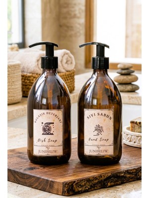 JUNIBELIW 2li Set Vintage Siyah Başlık Amber Boş Cam Şişe Sabunluk Bulaşık Deterjanı Sıvı Sabunluk 2X500ML