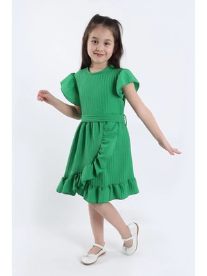 Aden Kids Yeşil Mavisi Kız Çocuk Yazlık Fırfırlı Elbise - Likralı Kemerli Şık Kız Çocuk Kıyafeti - 2-8 Yaş