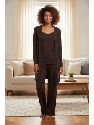 Pileli Store Kadın Kahve Yumuşak Dokulu Dökümlü Kısa Kimono Şık ve Rahat Ev Giyim