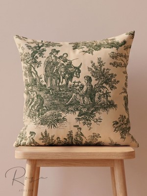Rosa Atelier Fransız Köylüleri Desenli Keten Kırlent Kılıfı (50X50)