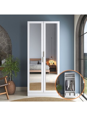 Rani BA232 Ayna Kapaklı Gardırop 2 Raflı Askılı 2 Kapaklı Elbise Dolabı Beyaz