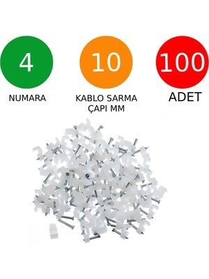 Mikasso 4 Numara Çelik Çivili 4 mm Kroşe Uydu Anten Data Cctv Tv Kablosu Vb. Kroşesi (100'LÜ Poşet)