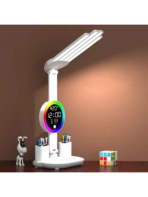 Monozone Rgb Şarjlı LED Masa Lambası Fanlı 4başlı Lamba Rgb Saat Ekranlı Kısılabilir Çalışma Lambası
