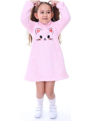 Aden Kids Kız Çocuk Pembe Kapşonlu Peluş Elbise