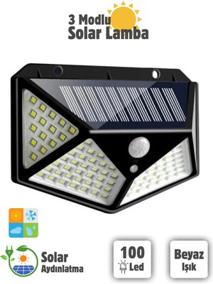 Mikasso 100 LED Solar Pır Hareket Sensörlü Su Geçirmez Duvar Lambası IP65
