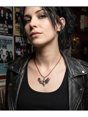 Vintage Takı Gothic Punk Tarz Skull & Bordo Deri Ipli Silver Kuru Kafa, Güve Gece Kelebeği Kolye