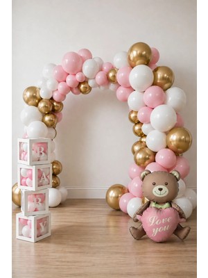 Krom Gold, Makaron Pembe ve Beyaz Balon Temalı Baby Shower Set; Baby Kutu Pembe Kalpli Ayıcık Folyo ve Balon Zincir Set