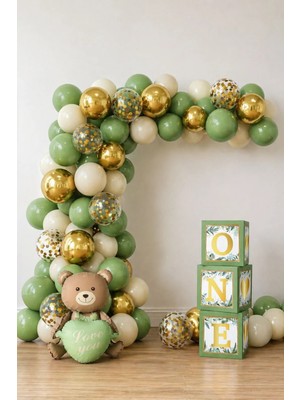 Küf Yeşili Temalı 1 Yaş Doğum Günü Seti; Adaçayı One Kutu, Ayıcık Folyo ve Küf Yeşili Krom Gold Balon Zincir Seti