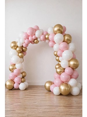 Krom Gold, Pastel Beyaz  ve Makaron Pembe Temalı Balon Seti