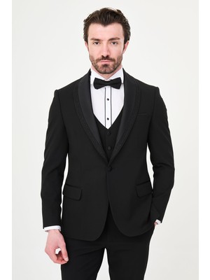 MCR Düz Slim Fit Çıkarılabilir Şal Yaka Erkek Damatlık