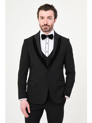 MCR Düz Slim Fit Çıkarılabilir Süet Yaka Erkek Damatlık