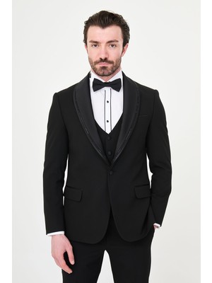 MCR Düz Slim Fit Çıkarılabilir Şal Yaka Erkek Damatlık