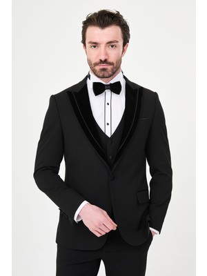 MCR Düz Slim Fit Çıkarılabilir Kadife Yaka Erkek Damatlık