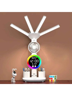 Techtic 4 Başlı Fanlı Şarjlı Masa Lambası LED Dijital Saat Ekranlı 3 Renk Göz Yormaz Çalışma Lambası