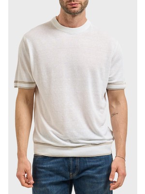 Boss Keten Karışımlı Kontrast Renk Detaylı Bisiklet Yaka T Shirt Erkek T Shirt 50560491 100