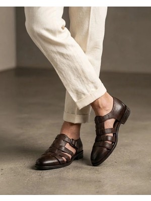 İtalyan stil iç dış naturel deri soft erkek sandalet kahverengi T15213-03