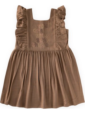 Cigit Kare Yaka Yazı Taşlı Keten Elbise 2-7 Yaş Caramel