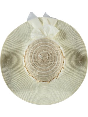 Bipamuk Veleray Model Kadın Hasır Zinicirli Fularlı Fötr Şapka Yazlık Plaj Güneş Koruyucu