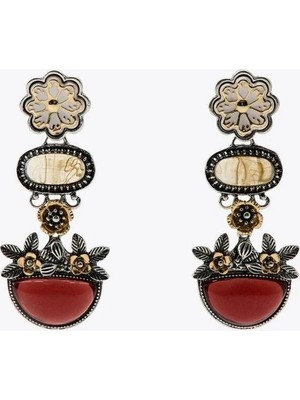 Meva Takı ve Aksesuar Çiçek ve Doğal Taş Detaylı Vintage Küpe | Mev’art Collection