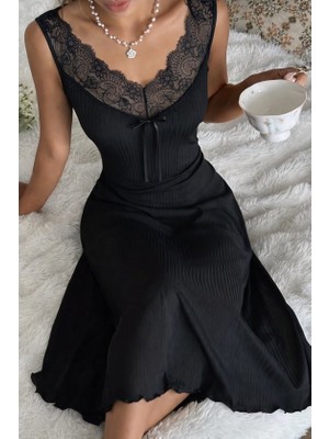 Çamaşır Kenti Kadın Askılı Dantel Yakalı Uzun Kalın Fitilli Kaşkorse Gecelik