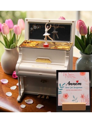 Anneler Günü'ne Özel Dans Eden Balerinli Piyano Müzik Kutusu - Gift Kart ve Ahşap Tutucu