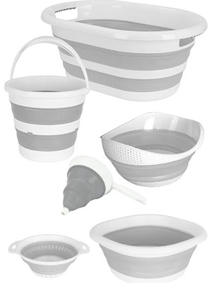 Poomy 6 Parça Katlanır Set Akordiyon Çamaşır Sepeti Su Kovası Badya Huni Süzgeç