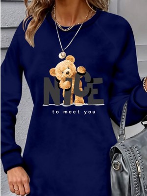 Alyn Wear Kadın Uzun Kollu Bisiklet Yaka Ayı Desenli Viskon Iki Iplik Elbise