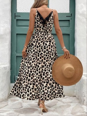 Alyn Wear Kadın Ip Askılı Yuvarlak Yakalı Arkası V Yakalı Yırtmaçlı Uzun Leopar Desenli Süprem Elbise