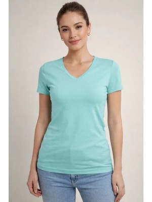 Alyn Wear T-Shirt V Yaka Slim Fit Likralı Tişört Günlük Basic Body - Turkuvaz