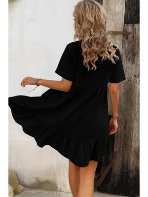 Alyn Wear Kadın Kısa Kollu Yakası Bağcıklı Önden Düğmeli Fırfır Desenli Süprem Elbise